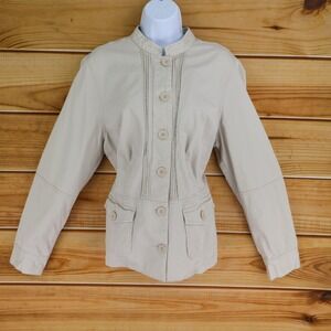 Venezia Button Up Jacket Womens 14/16 Beige 100% Cotton Pockets Pleated Accent